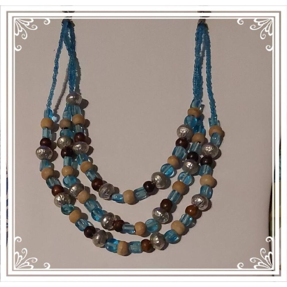 Pretty Triple Strand Blue Beads~Wood & Silver Beads Triple Strand Necklace